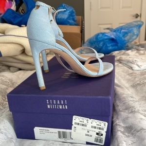 Stuart Weitzman Light Blue Textured Leather Ankle Strap Sandals